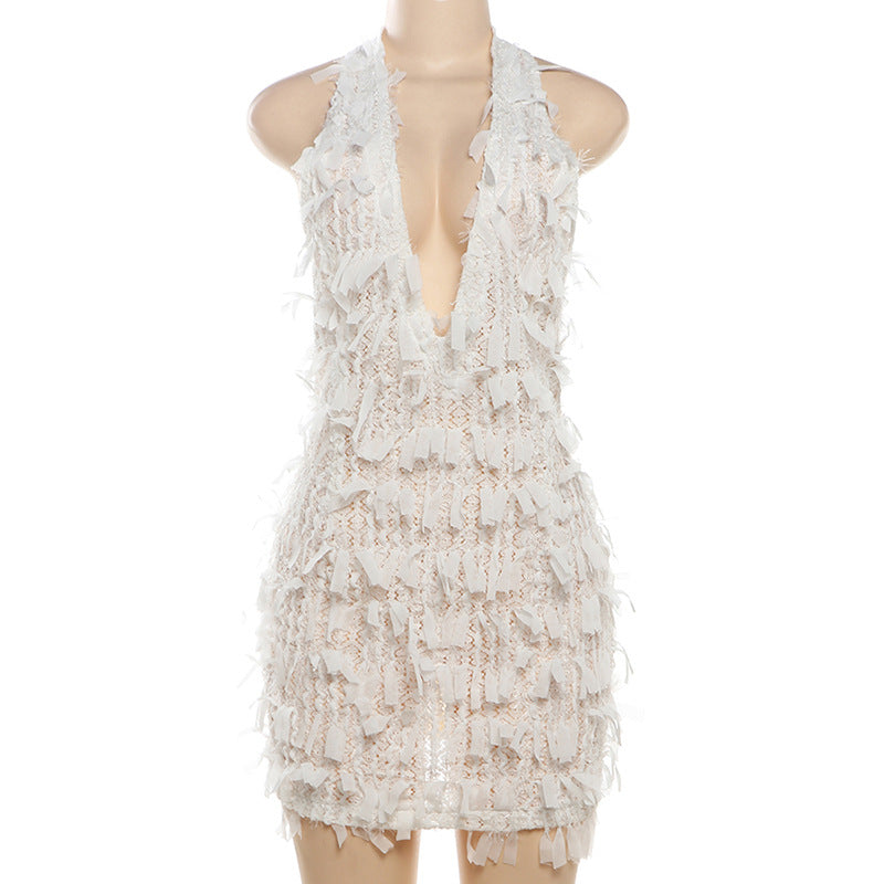 Women Clothing Summer Sexy Halter Lace Up V Neck Backless Slim Fit Sheath Dress Bella Mia